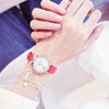 Leisure Female Alloy Ordinary Glass Mirror Pin Buckle Imitation Leather Quartz Watch With Round Dial And Kitten Ears Flower Design