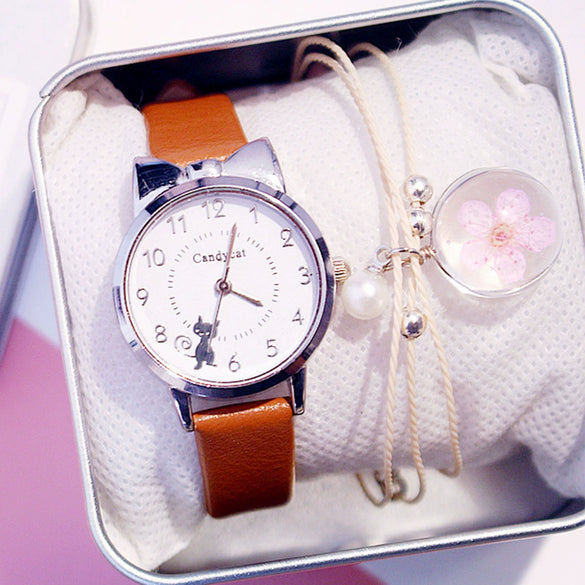 Leisure Female Alloy Ordinary Glass Mirror Pin Buckle Imitation Leather Quartz Watch With Round Dial And Kitten Ears Flower Design