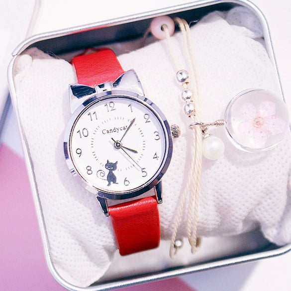 Leisure Female Alloy Ordinary Glass Mirror Pin Buckle Imitation Leather Quartz Watch With Round Dial And Kitten Ears Flower Design