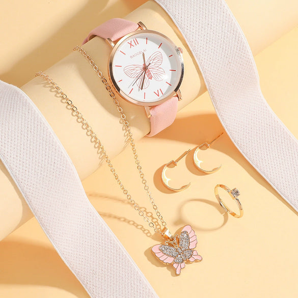 Leisure Female Belt Watch And Butterfly Pendant Jewelry Set With Alloy Case Imitation Leather Strap And Stainless Steel Buckle In Spring And Summer Style