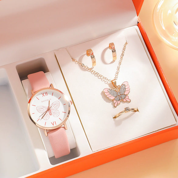 Leisure Female Belt Watch And Butterfly Pendant Jewelry Set With Alloy Case Imitation Leather Strap And Stainless Steel Buckle In Spring And Summer Style