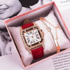 Leisure Female Watch Set With Alloy Case Genuine Leather Strap And Round Dial