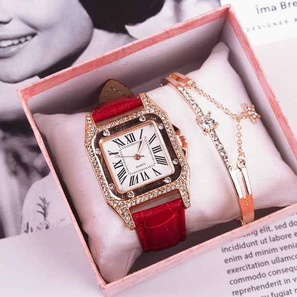 Leisure Female Watch Set With Alloy Case Genuine Leather Strap And Round Dial