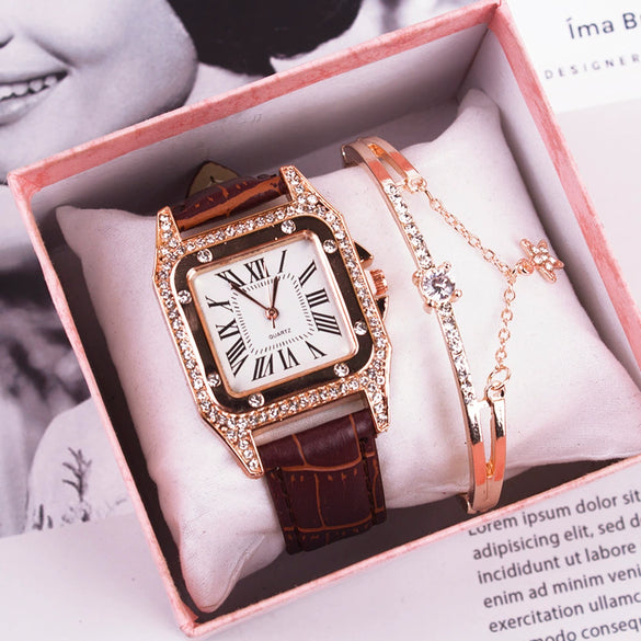Leisure Female Watch Set With Alloy Case Genuine Leather Strap And Round Dial