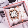 Leisure Female Watch Set With Alloy Case Genuine Leather Strap And Round Dial