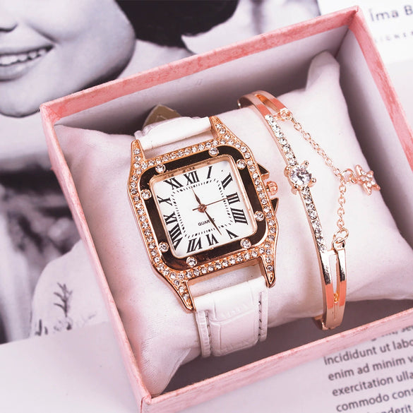 Leisure Female Watch Set With Alloy Case Genuine Leather Strap And Round Dial