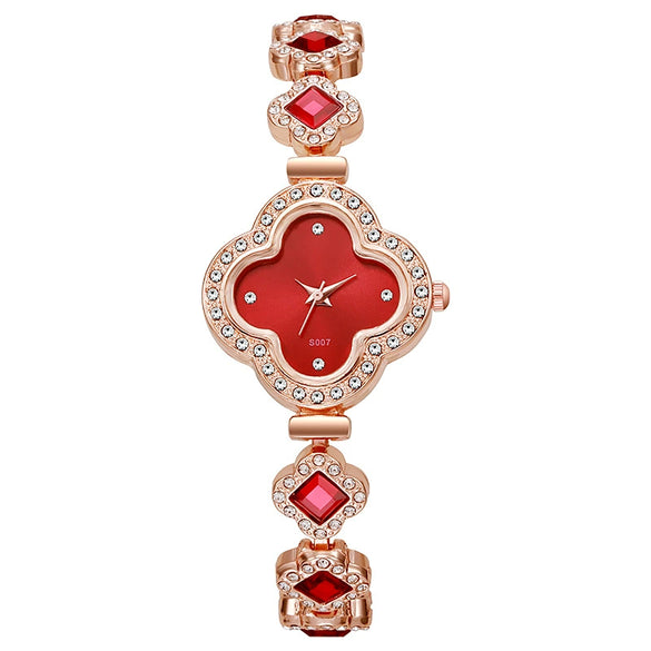 Leisure Fourleaf Clover Alloy Bracelet Quartz Watch For Women With Rhombus Dial