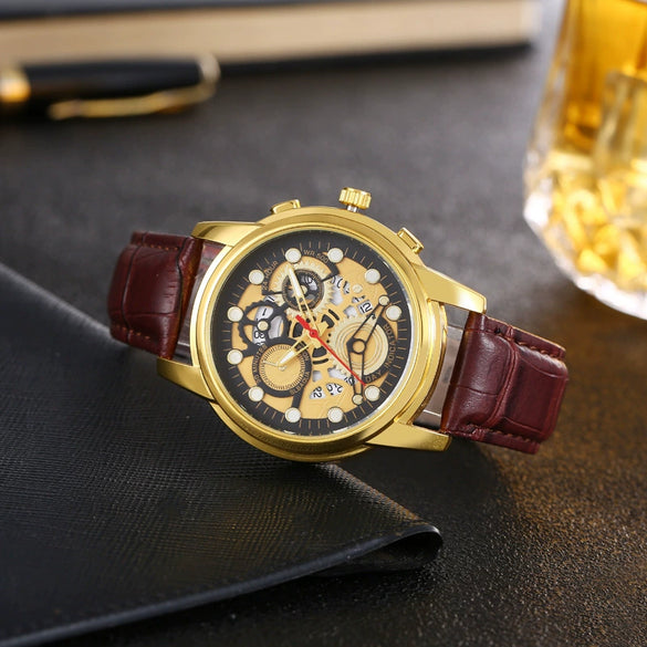 Leisure Hollow Quartz Watch Alloy Case Imitation Leather Strap Iron Buckle Round Dial Business Style Universal For Men