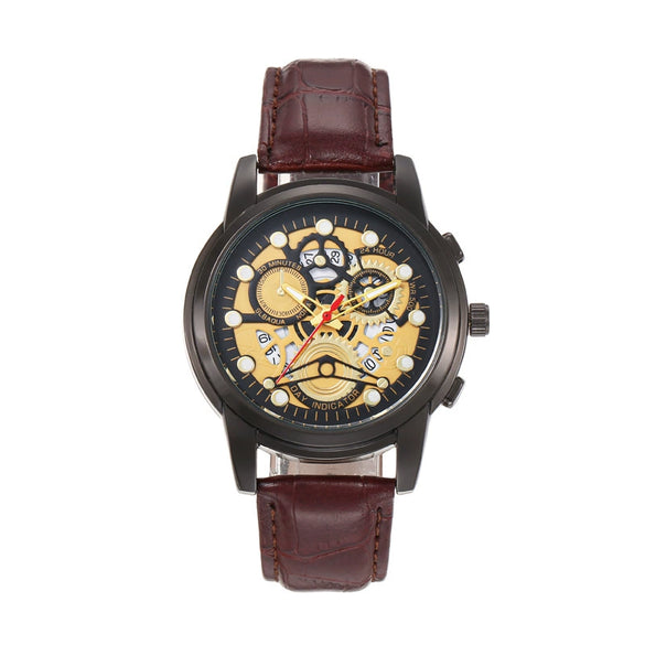 Leisure Hollow Quartz Watch Alloy Case Imitation Leather Strap Iron Buckle Round Dial Business Style Universal For Men