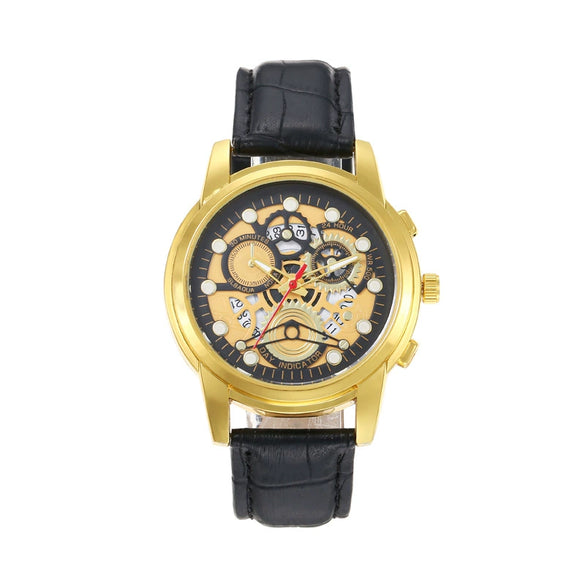 Leisure Hollow Quartz Watch Alloy Case Imitation Leather Strap Iron Buckle Round Dial Business Style Universal For Men