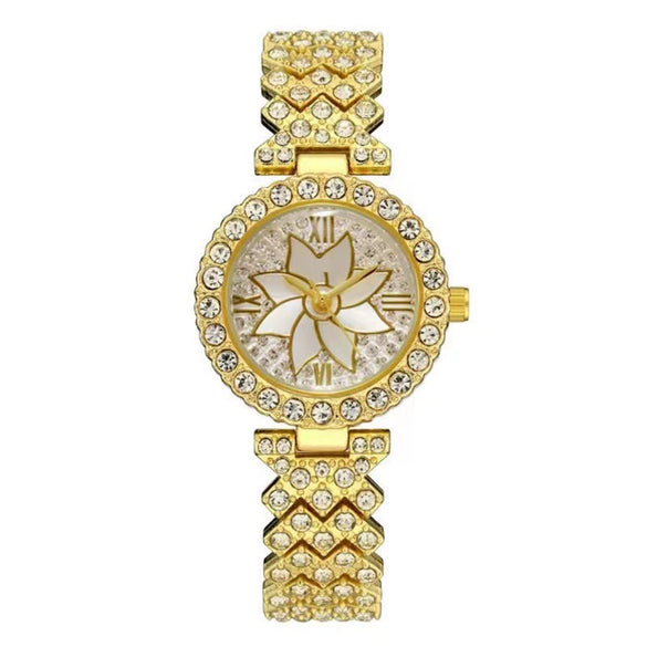 Leisure Ladies Bracelet Watch With Rhinestone Flower Round Dial Alloy Strap Stainless Steel Buckle