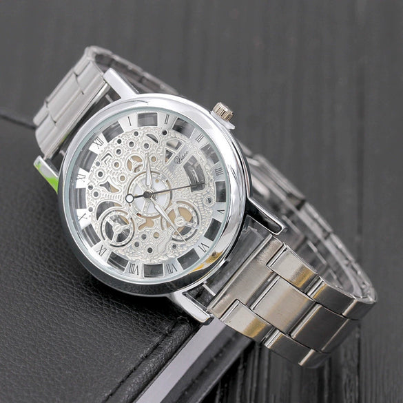 Leisure Perspective Cut Out Alloy And Stainless Steel Band Round Dial Pointer Watch With Horseshoe Buckle