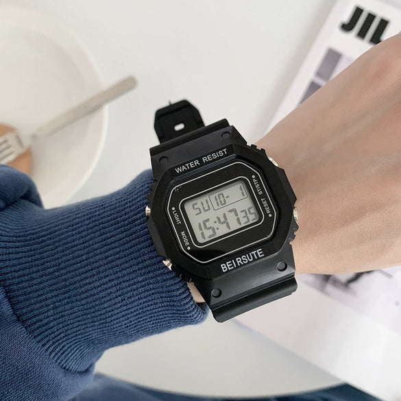 Leisure Plastic And Silicone Square Couple Electronic Watch Multifunctional Luminous Digital