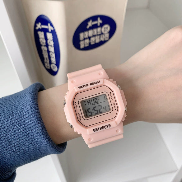 Leisure Plastic And Silicone Square Couple Electronic Watch Multifunctional Luminous Digital
