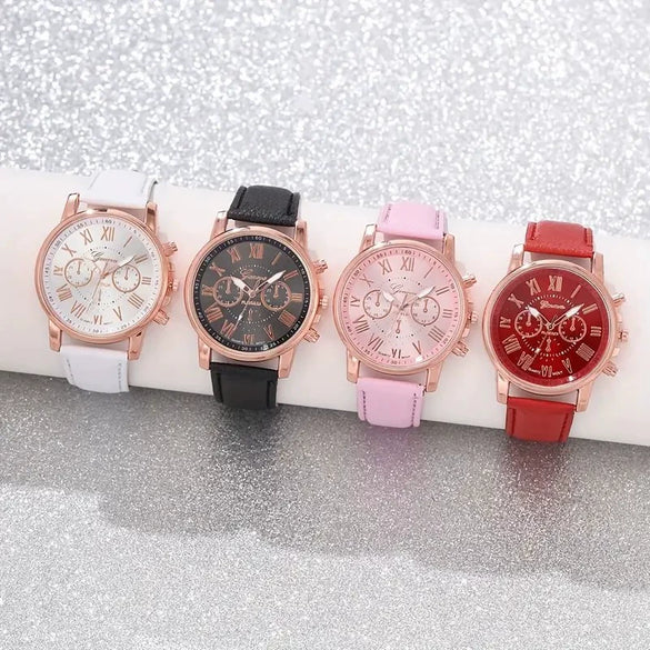 Leisure Plastic And Stainless Steel Imitation Leather Belt Wrist Watch Round Dial Dopamine Color For Female
