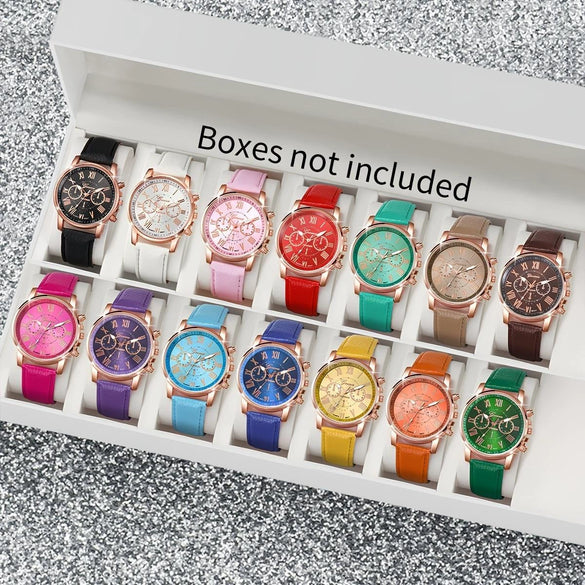 Leisure Plastic And Stainless Steel Imitation Leather Belt Wrist Watch Round Dial Dopamine Color For Female