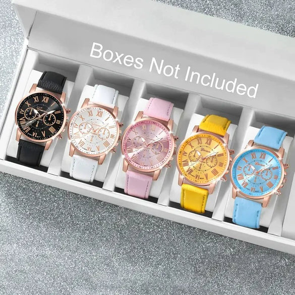 Leisure Plastic And Stainless Steel Imitation Leather Belt Wrist Watch Round Dial Dopamine Color For Female
