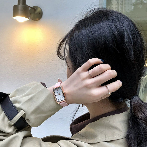 Leisure Quartz Belt Watch For Female Middle School Students Alloy Case Pu Strap Rectangle Dial
