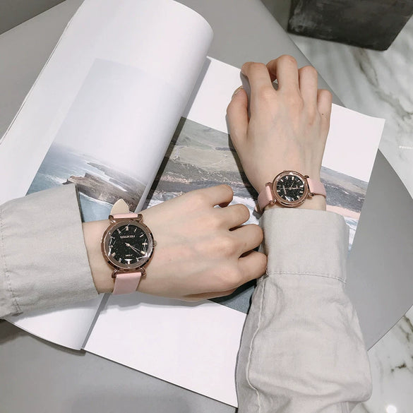 Leisure Retro Allmatch Couple Watch Alloy Case Imitation Leather Strap Stainless Steel Clasp Round Dial Ordinary Glass Mirror