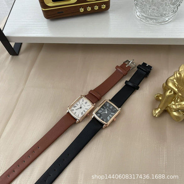 Leisure Square Alloy Case Ordinary Glass Mirror Couple's Watch With Roman Scale For Autumn And Winter