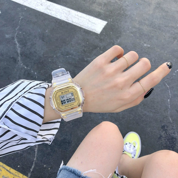 Leisure Square Electronic Watch Rubber Case Silicone Strap Stainless Steel Clasp Plastic Mirror
