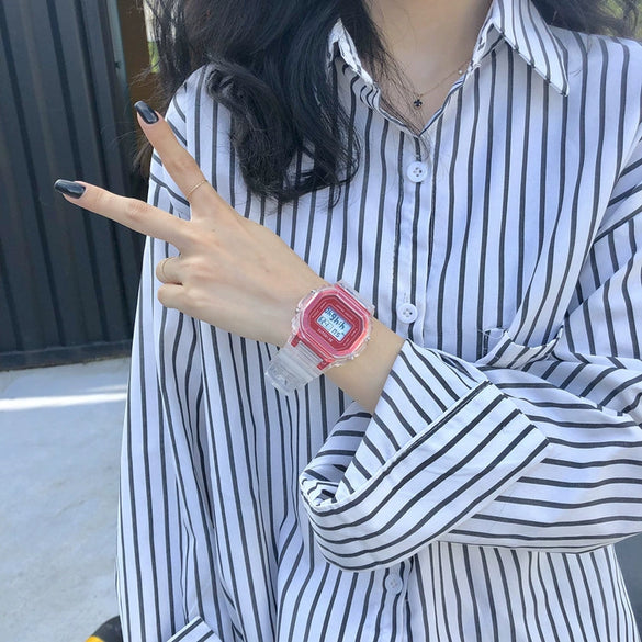 Leisure Square Electronic Watch Rubber Case Silicone Strap Stainless Steel Clasp Plastic Mirror