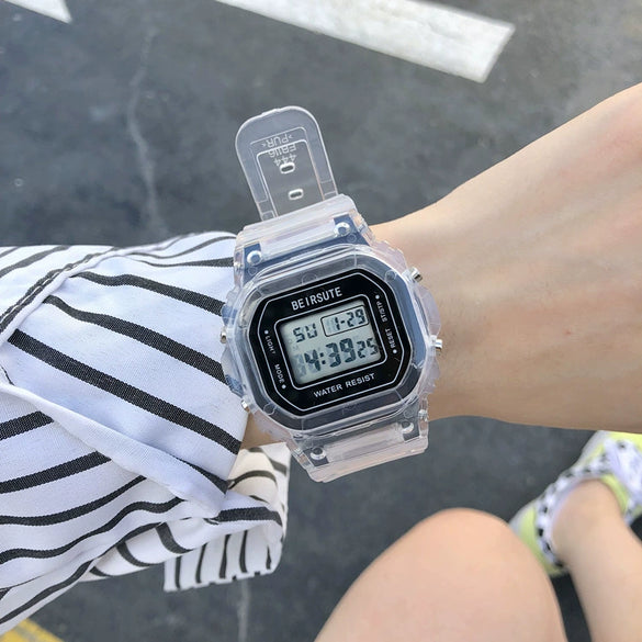 Leisure Square Electronic Watch Rubber Case Silicone Strap Stainless Steel Clasp Plastic Mirror