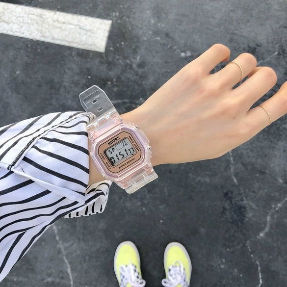 Leisure Square Electronic Watch Rubber Case Silicone Strap Stainless Steel Clasp Plastic Mirror
