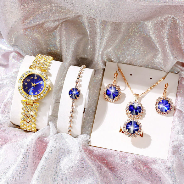 Leisure Style Alloy Case Stainless Steel Band Round Quartz Watch And Jewelry Set For Female