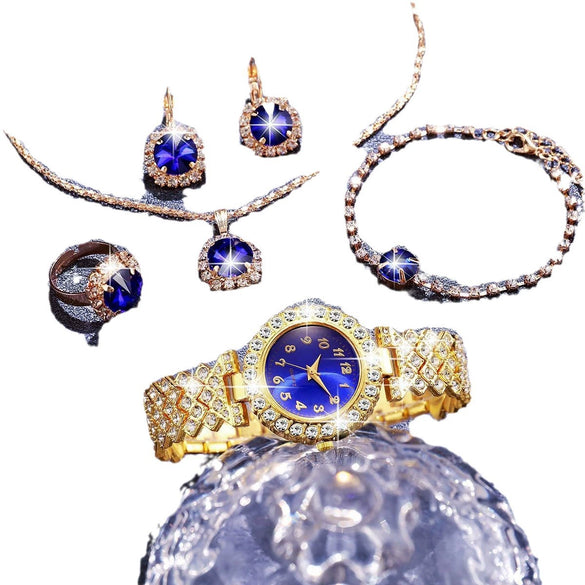 Leisure Style Alloy Case Stainless Steel Band Round Quartz Watch And Jewelry Set For Female