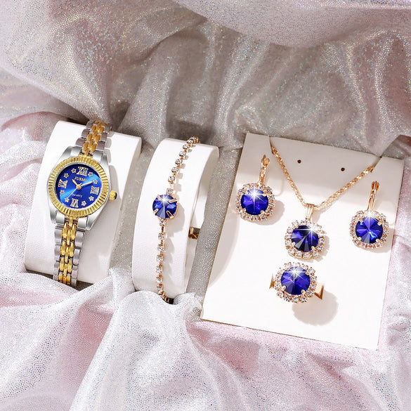 Leisure Style Alloy Case Stainless Steel Band Round Quartz Watch And Jewelry Set