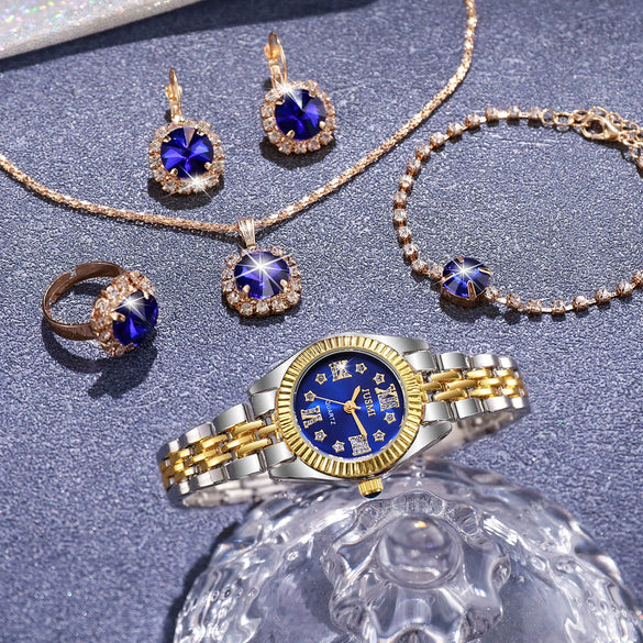 Leisure Style Alloy Case Stainless Steel Band Round Quartz Watch And Jewelry Set