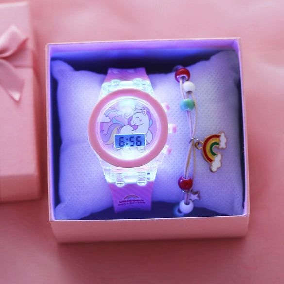 Leisure Unicorn Luminous Alloy Case Stainless Steel Clasp Silicone Strap Round Dial Electronic Watch