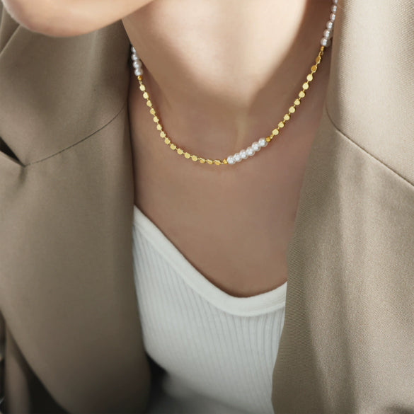 Lentil Stitching Freshwater Pearl Embellishment Brass Necklace For Girls With Electroplating Design