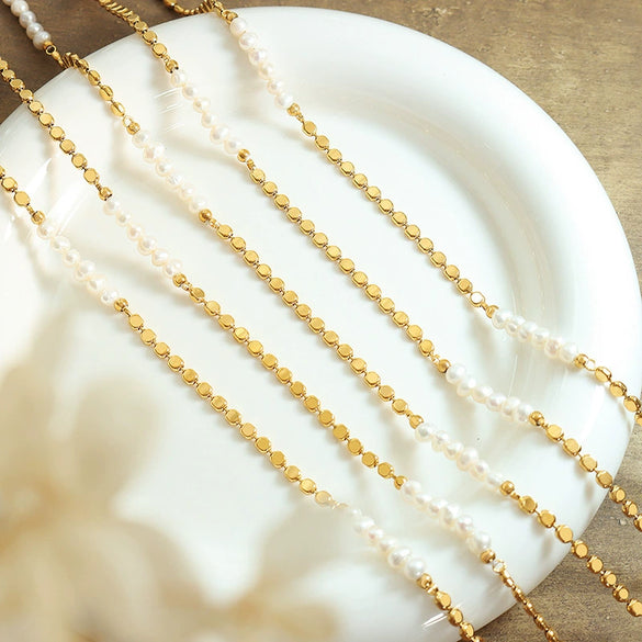 Lentil Stitching Freshwater Pearl Embellishment Brass Necklace For Girls With Electroplating Design