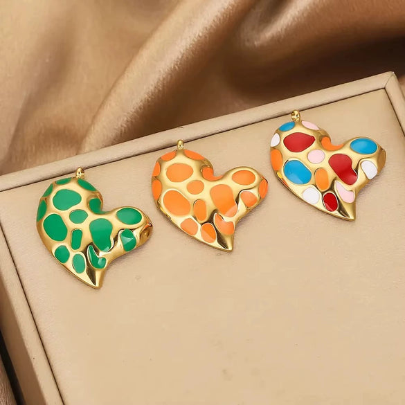 Leopard Print Totem Heart Retro Earrings And Pendants Stainless Steel Enamel Electroplated
