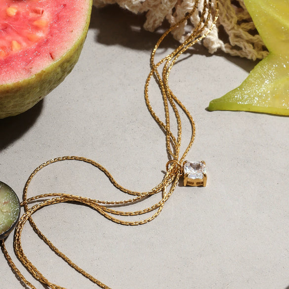 Light Luxury Allmatch Stainless Steel Square Zircon Pendant Fourlayer Chain Electroplated Necklace For Women