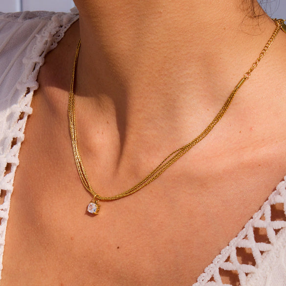 Light Luxury Allmatch Stainless Steel Square Zircon Pendant Fourlayer Chain Electroplated Necklace For Women