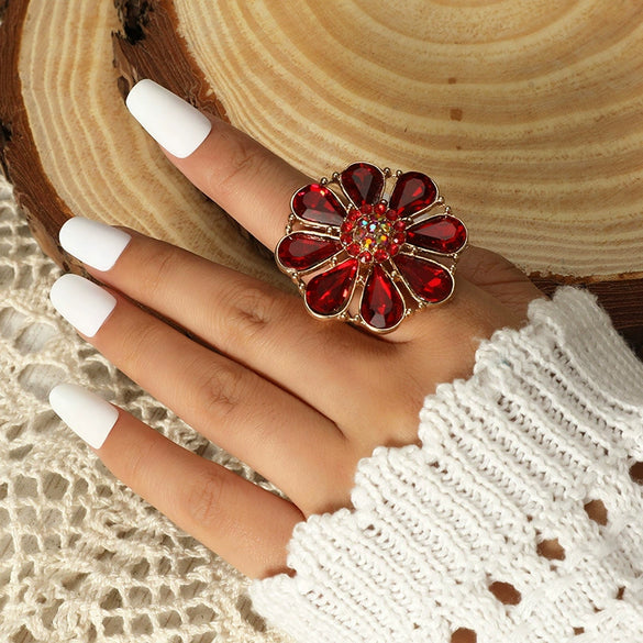 Light Luxury Alloy Hollow Flower Adjustable Ring With Diamond Accent Retro Exaggerated Floral Design For Unisex