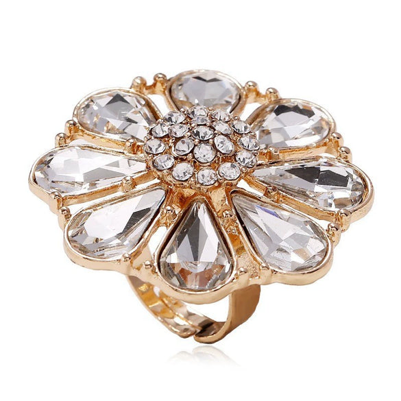 Light Luxury Alloy Hollow Flower Adjustable Ring With Diamond Accent Retro Exaggerated Floral Design For Unisex