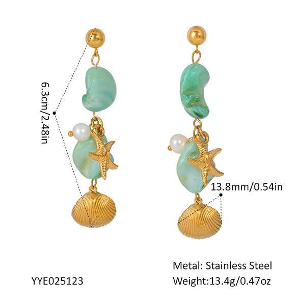 Light Luxury Beach Style Women's Stainless Steel Earrings With Pearl Shell Pendant Pvd Furnace Vacuum Real Gold Plated