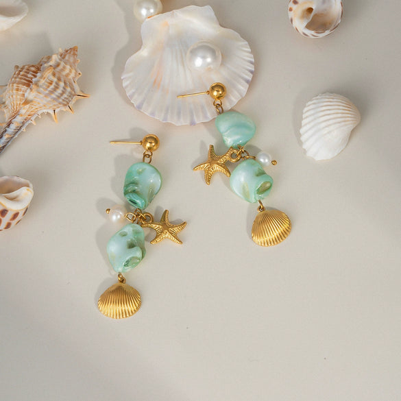 Light Luxury Beach Style Women's Stainless Steel Earrings With Pearl Shell Pendant Pvd Furnace Vacuum Real Gold Plated
