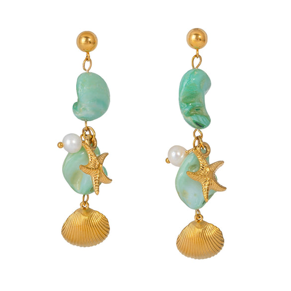 Light Luxury Beach Style Women's Stainless Steel Earrings With Pearl Shell Pendant Pvd Furnace Vacuum Real Gold Plated