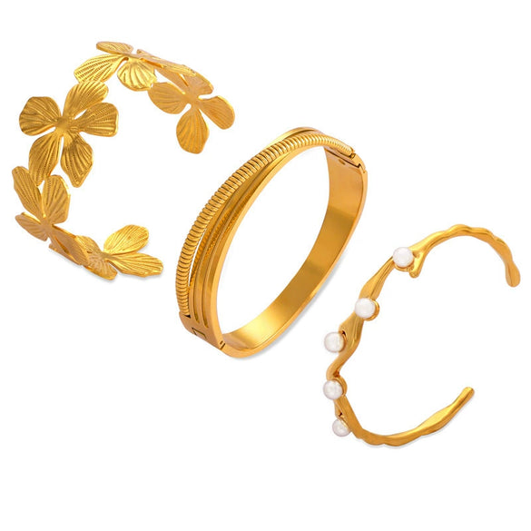 Light Luxury Bead Jewelry Titanium Steel Gold Plated Pastoral Style Flower Open Bracelet For Women