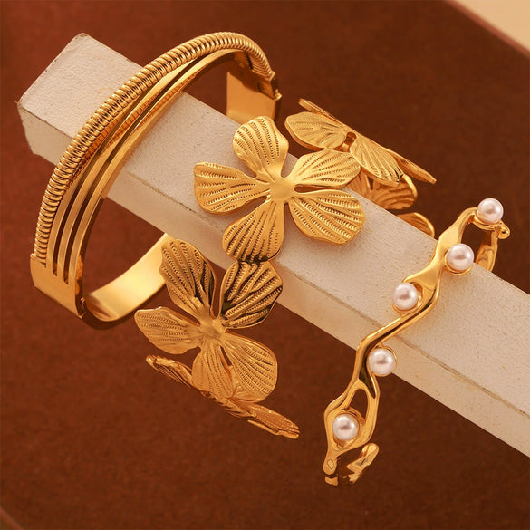 Light Luxury Bead Jewelry Titanium Steel Gold Plated Pastoral Style Flower Open Bracelet For Women