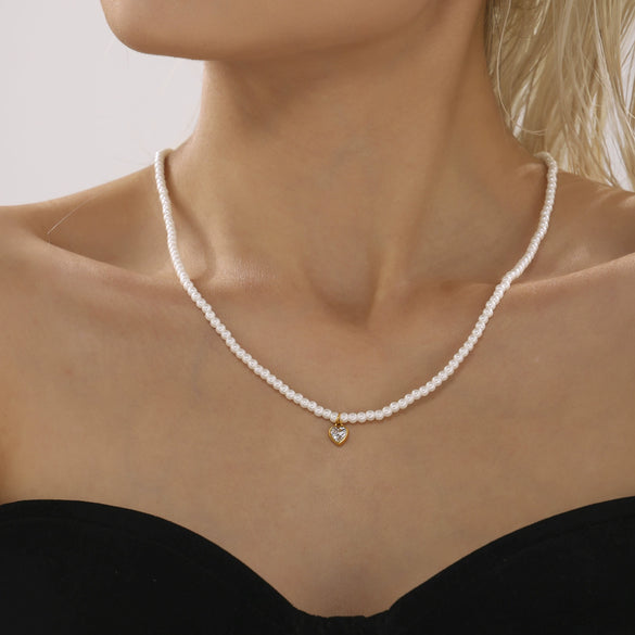 Light Luxury Beads Geometric Zircon Pendant Clavicle Necklace For Women Stainless Steel With Electroplating