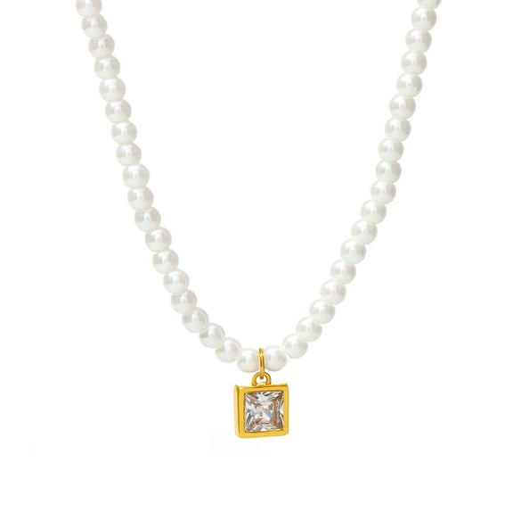 Light Luxury Beads Geometric Zircon Pendant Clavicle Necklace For Women Stainless Steel With Electroplating