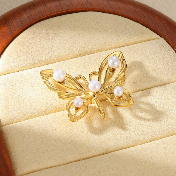 Light Luxury Butterfly Pearl Stainless Steel Brooch For Women Electroplated