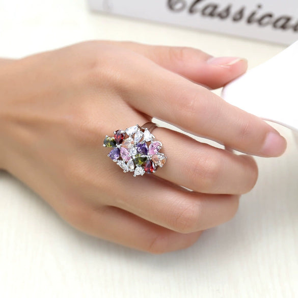 Light Luxury Colorful Zirconium Flowershaped Copper Ring For Women With Electroplating Treatment