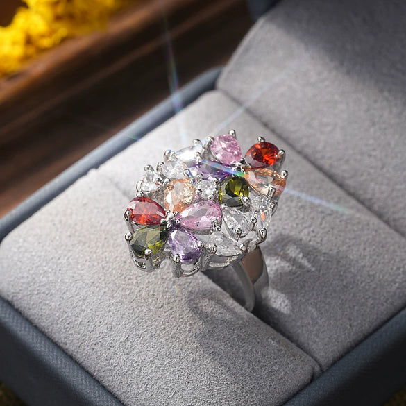 Light Luxury Colorful Zirconium Flowershaped Copper Ring For Women With Electroplating Treatment